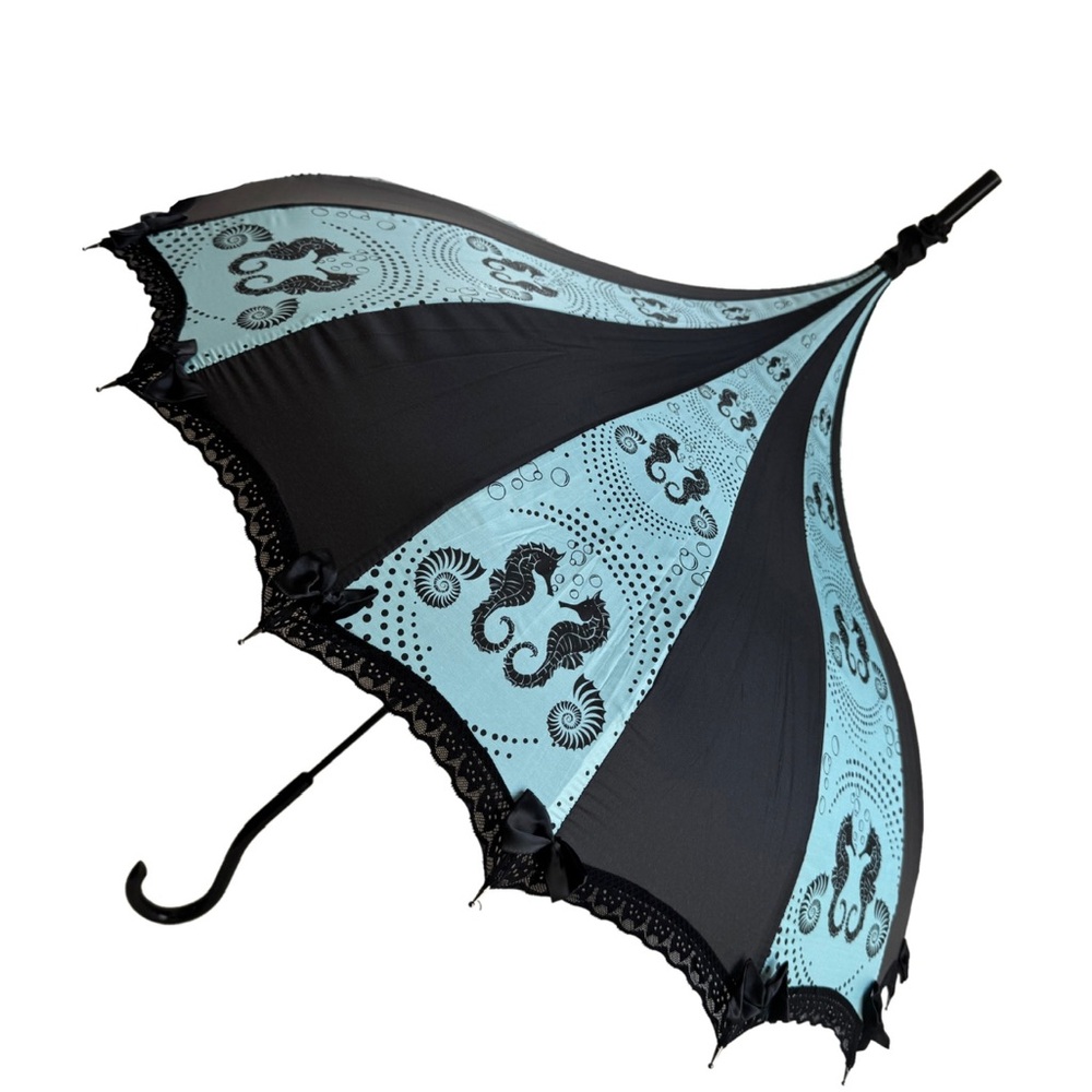 Black & Light Blue Seahorse Lace-Trim Umbrella